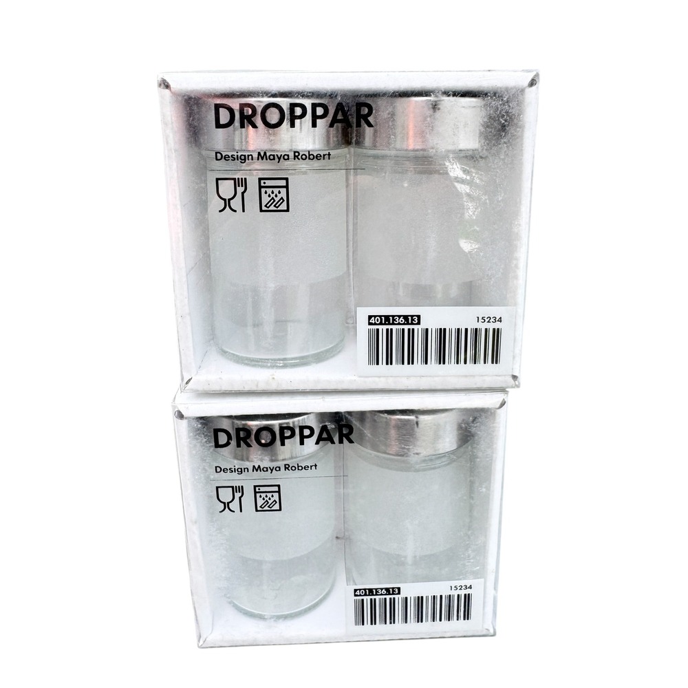 IKEA Droppar Spice Jars Set of 4 Frosted Glass Stainless Steel 401.136.13 NEW